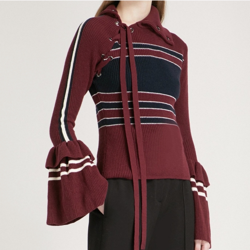 Self-Portait Wool Blend Burgundy Striped Ruffle Sleeve Sweater Size L